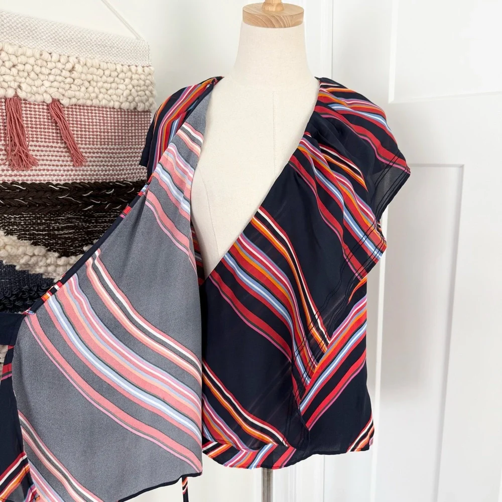 Tory Burch Amelia Navy Blue Multicolor Stripe Ruffled Wrap Blouse Top Sz 8